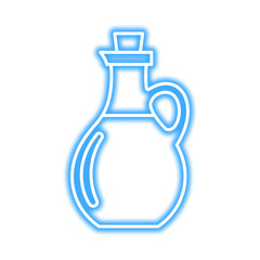 A stylized illustration of an oil bottle with a handle and cork stopper, outlined in a bright blue neon glow.
