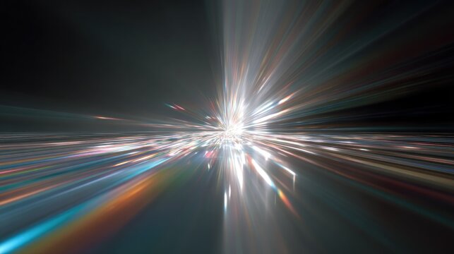 A vibrant, abstract digital artwork featuring a burst of colorful light and geometric shapes against a dark background.