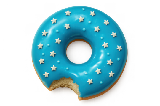 Blue donut with star sprinkles having bite missing, sweet dessert or snack, delicious baked pastry - Powered by Adobe