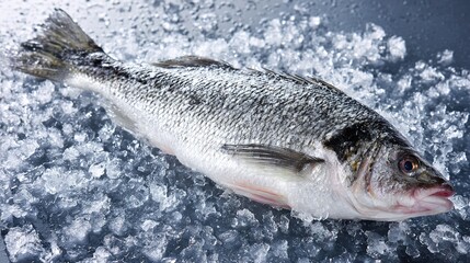 seabass. Close-up of fresh sea bass on ice, its glistening scales highlighted in cool blue tones. menu design, packaging mockups, designed for culinary blogs and recipe cards for restaurants.