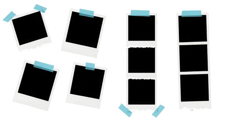 Vintage instant photo frames attached with adhesive tape isolated on Transparent Background