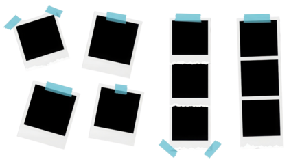 Vintage instant photo frames attached with adhesive tape isolated on Transparent Background