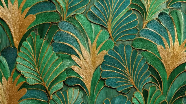 A detailed, ornate, green and gold wallpaper with intricate leaf patterns, set against a dark green background.