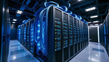 Data center server configuration, blue-lit cables and equipment, cybersecurity, networking