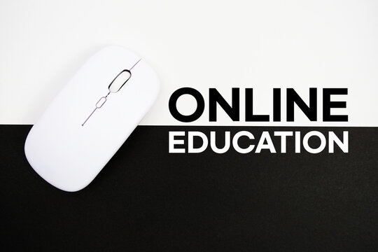 Online Education text and wireless mouse on white and black background