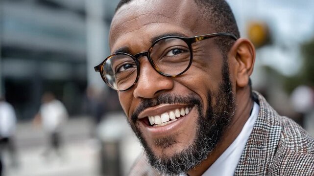 Genuine Smile of a Confident Professional: A close-up shot of a charismatic individual with spectacles beams with a genuine and warm smile, radiating positivity and confidence.