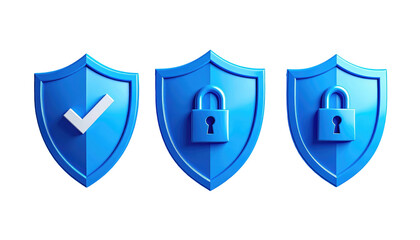 Three blue shields one with a check, two with padlocks, digitally rendered on black, highlighting digital security