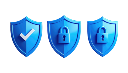 Three blue shields one with a check, two with padlocks, digitally rendered on black, highlighting digital security
