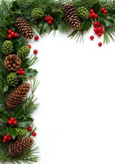 Festive Pine Cone and Holly Border - A seasonal border featuring pine cones, holly, and evergreen branches, symbolizing winter holidays, nature, and festive cheer, set against a clean white background