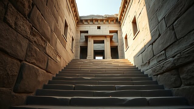 asgard. Ancient temple entrance with worn stone steps in soft afternoon light. event programs, museum guides, designed for cultural heritage projects and event programs.