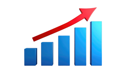 Upward trending blue bars with a red arrow overlaid, set against a black background