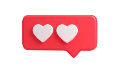 Red speech bubble featuring two white hearts, signaling love or appreciation on a black background