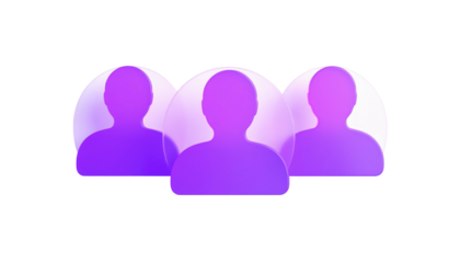 Trio of translucent, rounded, purple silhouettes of people against a black background, stylized icons