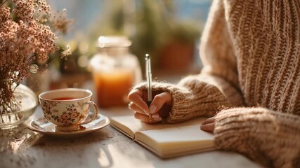 woman writing gratitude journal with tea cup nearby, cozy sunlight, aesthetic lifestyle stock photo