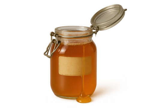 Honey jar with open lid pouring sweet golden liquid, natural organic food ingredient, transparent background