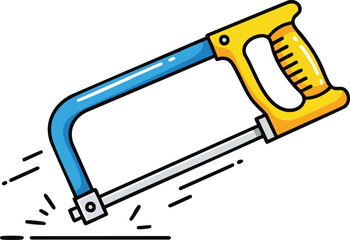 Fototapeta premium Yellow And Blue Hacksaw Tool Cutting Through A Surface With Sparks Flying