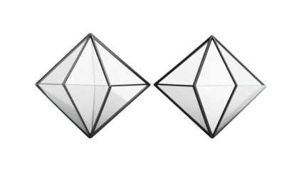 Two adjacent, gray-edged, white, diamond-like geometric shapes on a black background