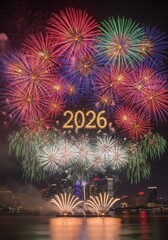 Fireworks Display Over City Skyline - Vibrant fireworks light up the night sky over a city skyline, with the year 2026 displayed in light