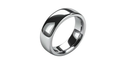 Shiny metal ring on black.  Simple band with a smooth, rounded profile; reflects light; subtle inner cut