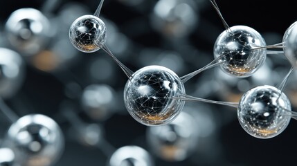 A network of interconnected glass spheres on a dark background, with a metallic sheen and a glossy finish.