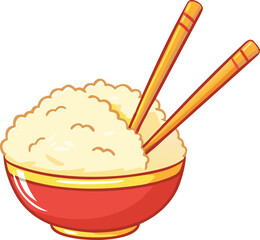 A cartoon illustration of a red bowl filled with white rice and chopsticks