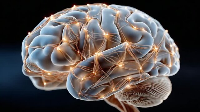 Brain Network: A detailed visual of a human brain with interconnected neural pathways, illustrating the intricate complexity of thought and cognition. 