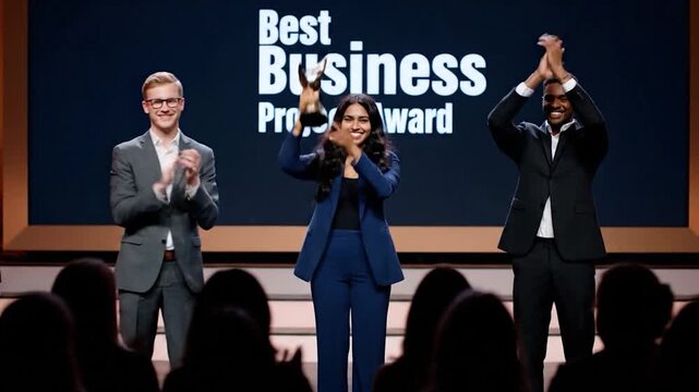 A woman receiving an award on stage, shaking hands with a man, another clapping. An audience is present