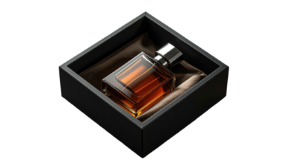 Angular amber liquid in glass bottle sits on silk inside a black box, viewed overhead on black background