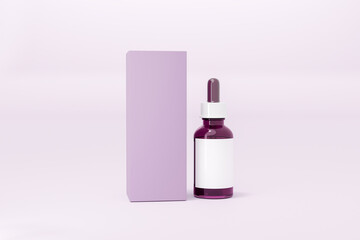 Liquid serum woman skincare blank label glass dropper bottle and package box on purple background.