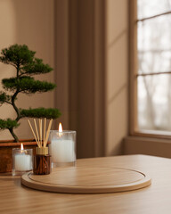 Wooden board tray with diffuser and aroma scented candle glass with bonsai tree at table in spa room