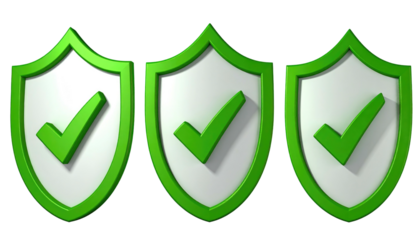 Three green check marks on white shield emblems with green trim, casting shadows, against a dark blurred background