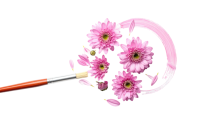 Pink flowers painted with a brush, swirling petals against a black background. Brushstroke circle effect