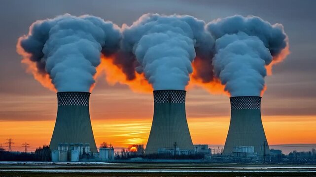 Environmental Impact: Three towering smokestacks billow thick smoke into the air, the setting sun casts a warm glow, revealing the consequences of energy production.