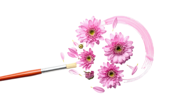 Pink flowers painted with a brush, swirling petals against a black background. Brushstroke circle effect