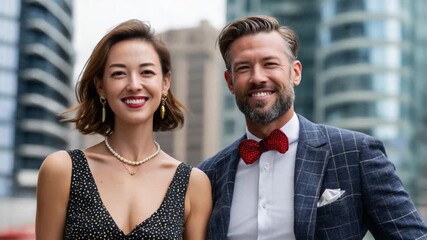 Elegant Urban Couple: A stylish couple poses confidently against a backdrop of modern skyscrapers. This image embodies sophistication and metropolitan flair.