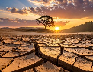 A scenic sunset casting golden light over a parched earth landscape. A lone tree stands amidst the cracked ground, the horizon aglow