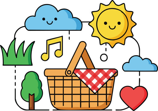 Happy Picnic Basket Under A Sunny Sky With Smiling Clouds And A Musical Note On A Green Field