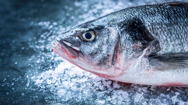 seabass. Close-up of fresh sea bass on ice, its glistening scales highlighted in cool blue tones. menu design, packaging mockups, designed for culinary blogs and recipe cards for restaurants.