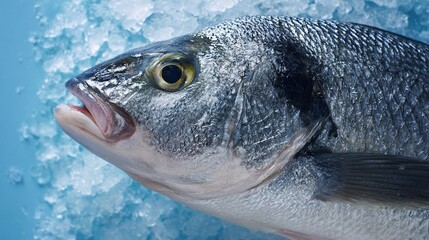 seabass. Close-up of fresh sea bass on ice, its glistening scales highlighted in cool blue tones. menu design, packaging mockups, designed for culinary blogs and recipe cards for restaurants.