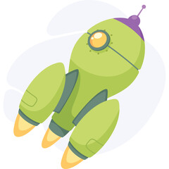 Whimsical Green Cartoon Rocket Ship With Orange Flame Exhaust and Purple Accents Ascending With Soft Blue Cloud Shapes On Transparent Background