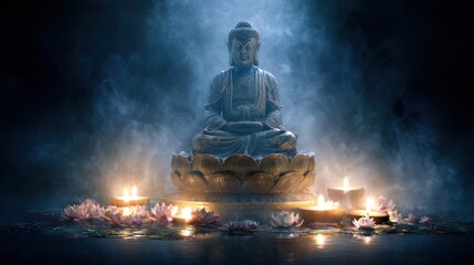 A serene Buddha statue with lotus flowers and candles in a dark, misty setting, illuminated by a soft, ambient light.