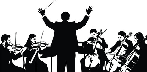 Orchestra conductor leading musicians with string instruments, classical music performance silhouette vector, teamwork, harmony, and concert illustration for art and culture design. © Shahajan