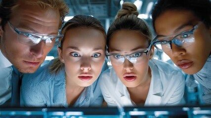 Scientific Revelation: A close-up view captures a team of diverse scientists engrossed in a shared moment of discovery in a cutting-edge laboratory environment. - Powered by Adobe
