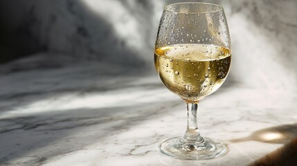 marbel. A pristine white wine glass with condensation droplets on a sleek marble surface. bar promotions, beverage menus, designed for food & beverage menus and cafe branding.
