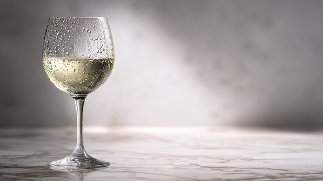 marbel. A pristine white wine glass with condensation droplets on a sleek marble surface. bar promotions, beverage menus, designed for food & beverage menus and cafe branding.
