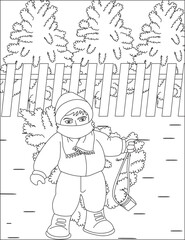 Winter Fun Coloring Page Hauling The Tree Christmas Vector