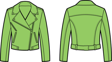 Green biker jacket technical sketch, asymmetrical zipper, wide lapels, zip pockets, belted waist, front and back view, fashion flat, garment design vector illustration