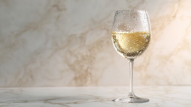 marbel. A pristine white wine glass with condensation droplets on a sleek marble surface. bar promotions, beverage menus, designed for food & beverage menus and cafe branding.