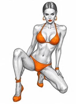 Fashion vector illustration of a glamorous woman in an orange bikini and high heels, ideal for boutique beachwear designs, product promotion, adds, marketing, Bikini models sketch on white background