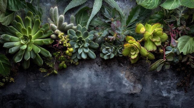 A variety of succulents and cacti arranged on a dark, textured surface with a gray background. - Powered by Adobe